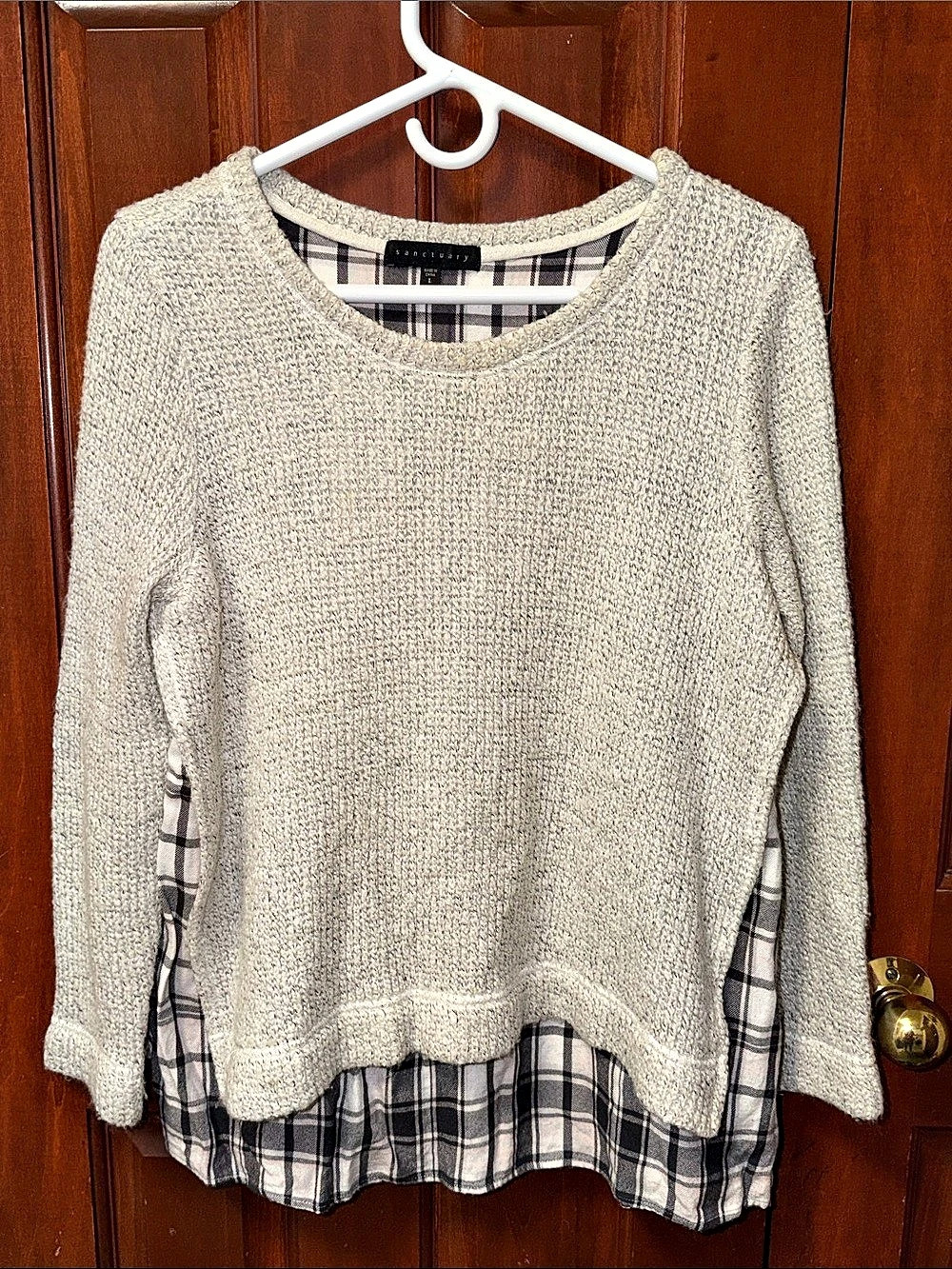 Sanctuary Mixed Media Plaid Layered Sweater Gray & White